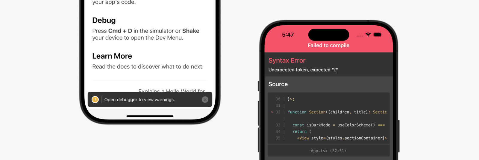 LogBox 警告和展开的 LogBox 语法错误