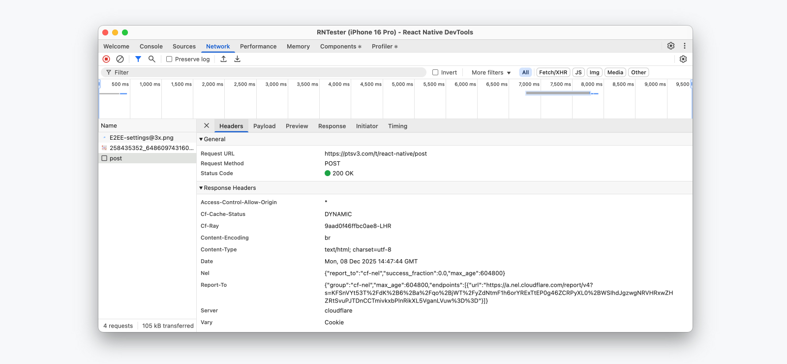 React Native DevTools 中的网络面板列表