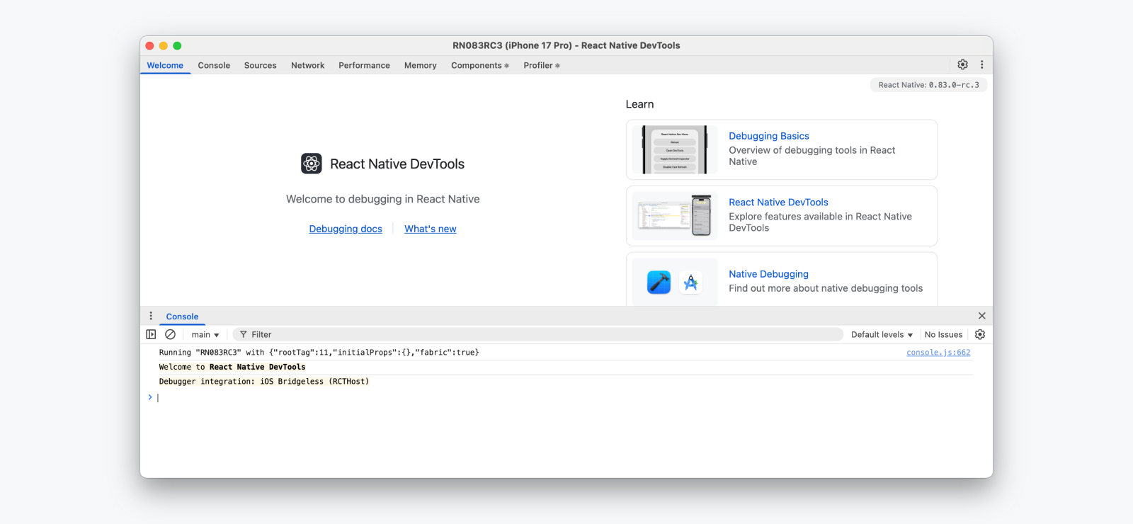 React Native DevTools 打开到“欢迎”面板