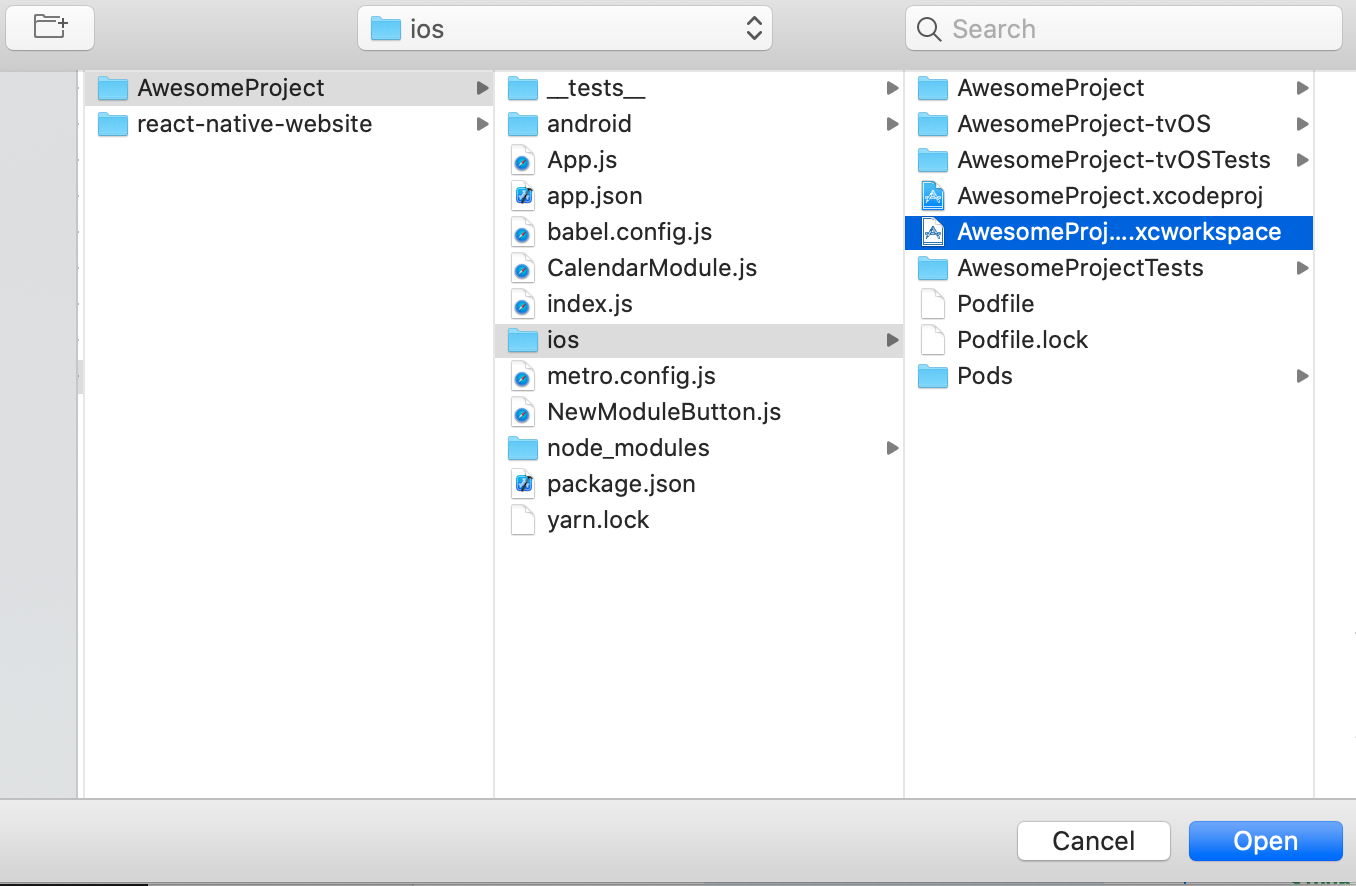 在 Xcode 中打开 React Native 应用内 iOS 项目的截图。